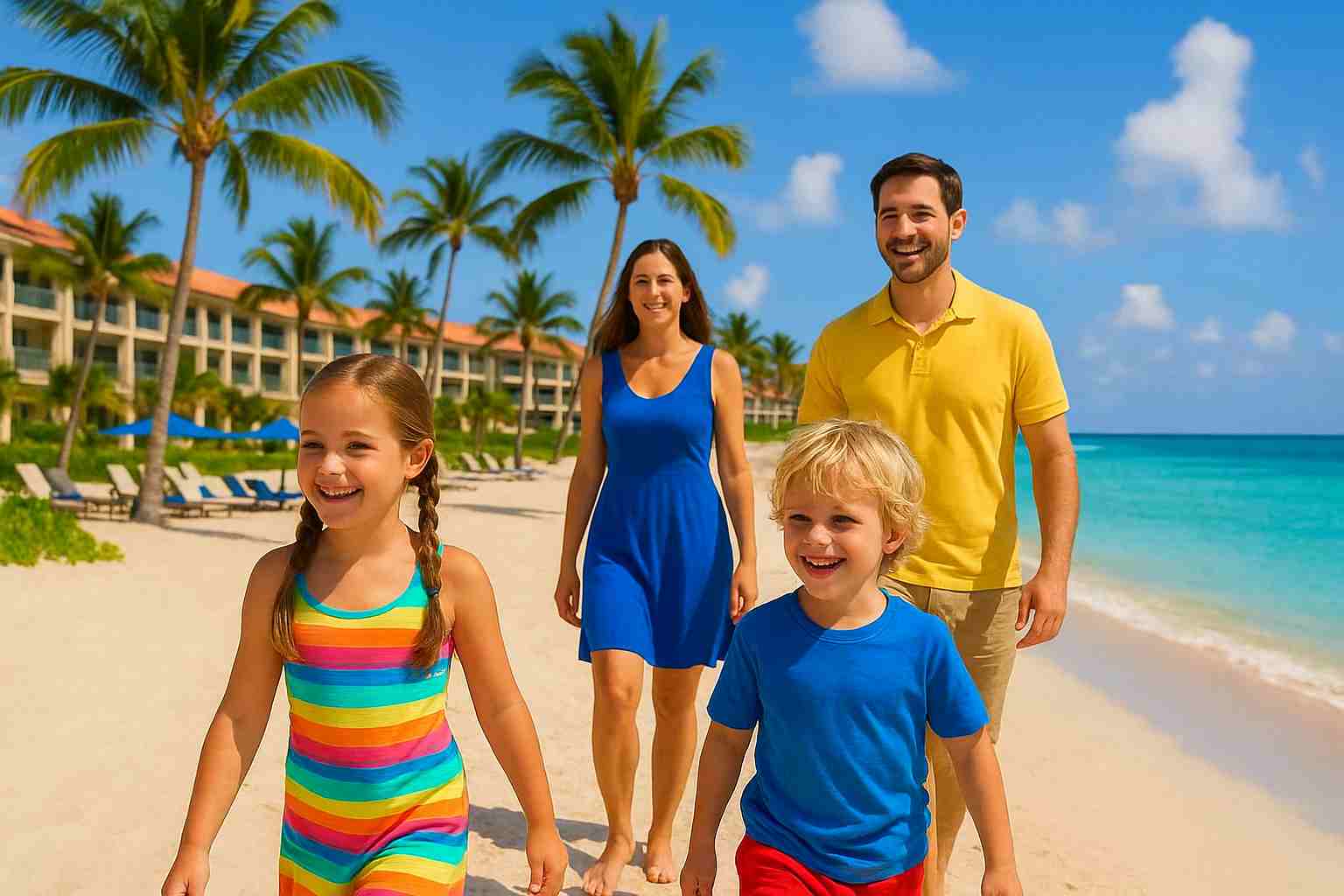 Una familia feliz caminando por una playa tropical en Florida, con niños vestidos con ropa colorida, palmeras y un resort de fondo bajo un cielo azul brillante.